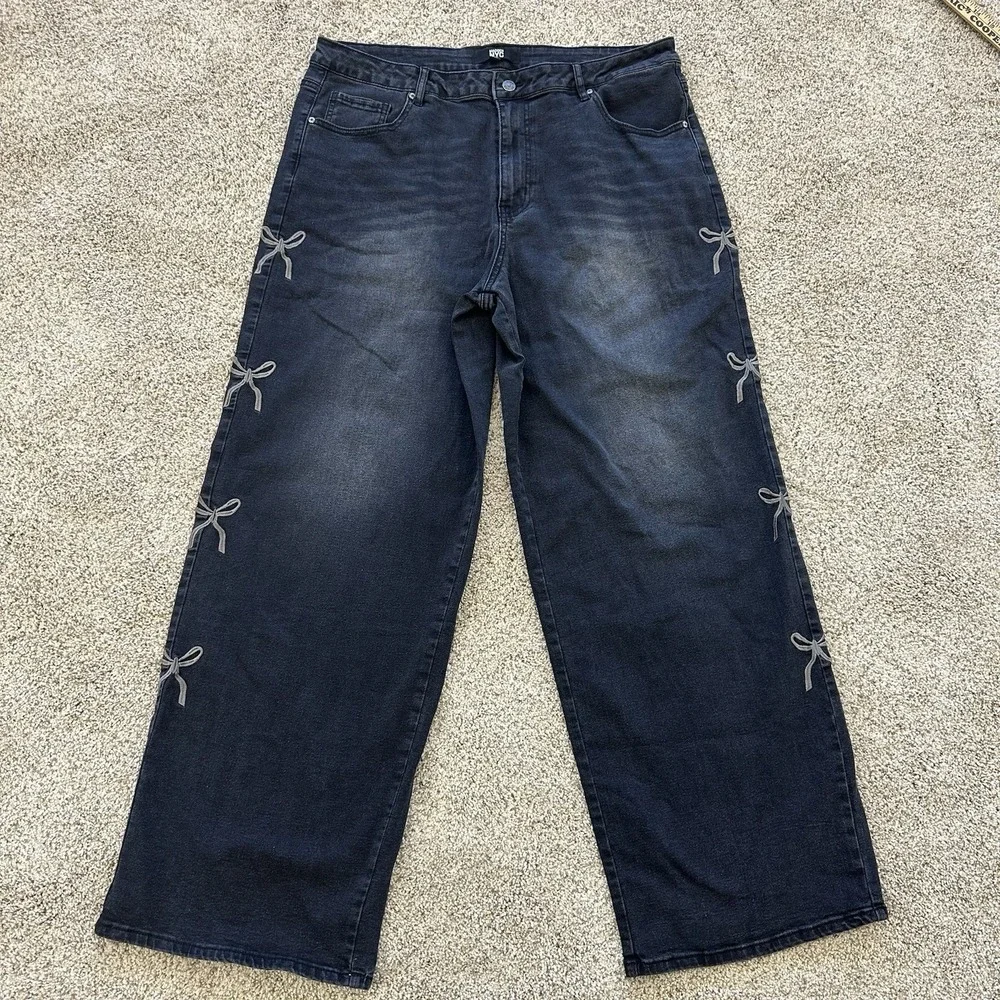 Madden NYC Women's 16 Black Wide-Leg Denim Jeans Pants‎ Bow Accents Soft Grunge